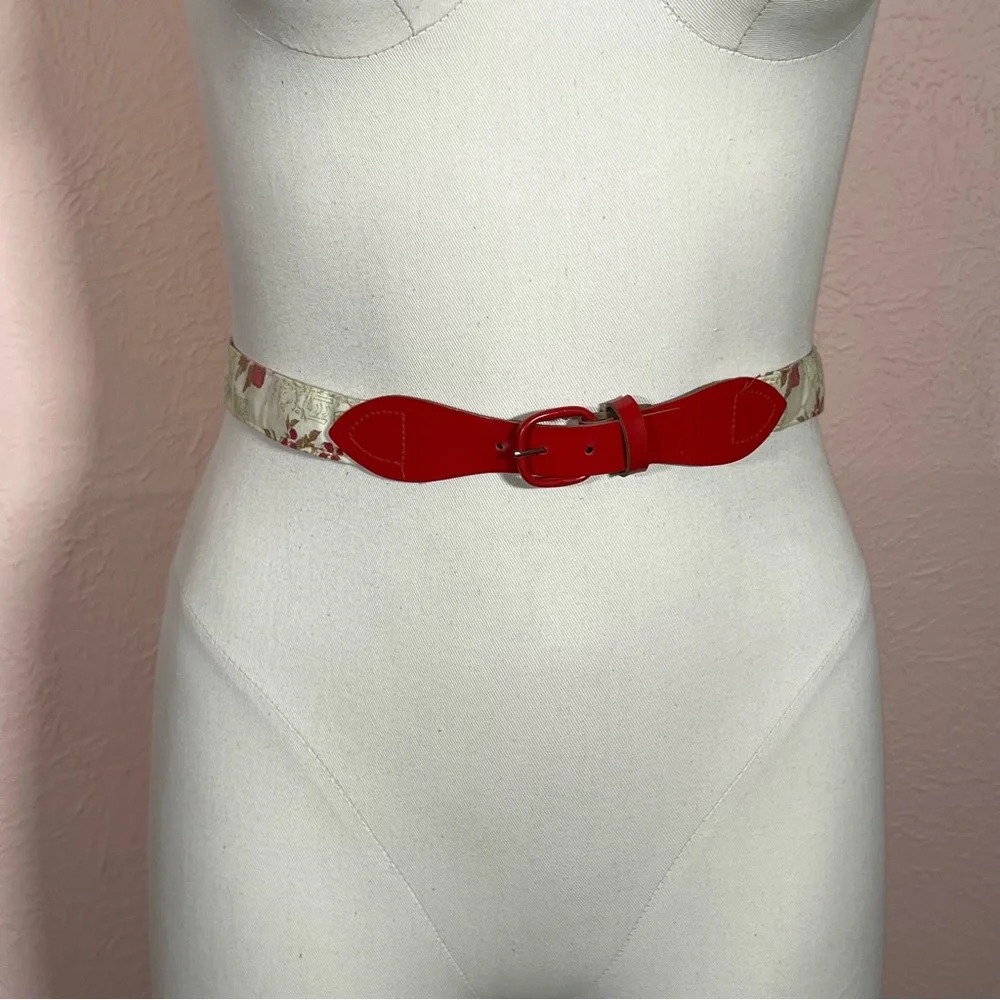 Vintage Strawberry Girl girl red cream Victorian Toile Cottagecore Skinny Belt